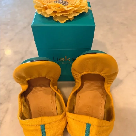 Tieks Mustard Yellow Flats with Teal Accent - Picture 4 of 5